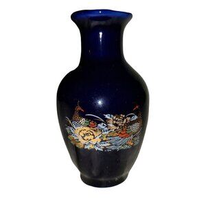 Vtg Peacock Floral Designed Japanese Cobalt Blue Porcelain Mini Vase Pot 3.5"